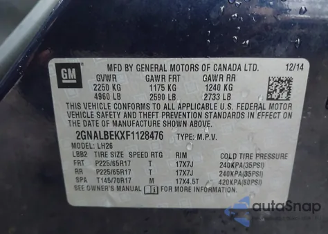 2015 Chevrolet Equinox 1Lt from USA, damaged, VIN 2GNALBEKXF1128476